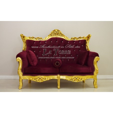 Barockes Empire-Sofa-Sessel aus goldfarbenem Holz und burgunderrotem Samt mit Swarovski-Elementen AL0031