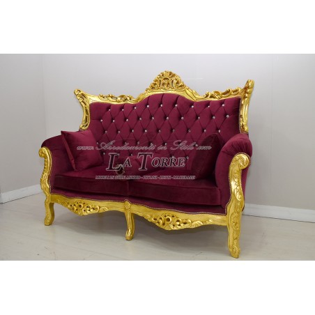 Barockes Empire-Sofa-Sessel aus goldfarbenem Holz und burgunderrotem Samt mit Swarovski-Elementen AL0031
