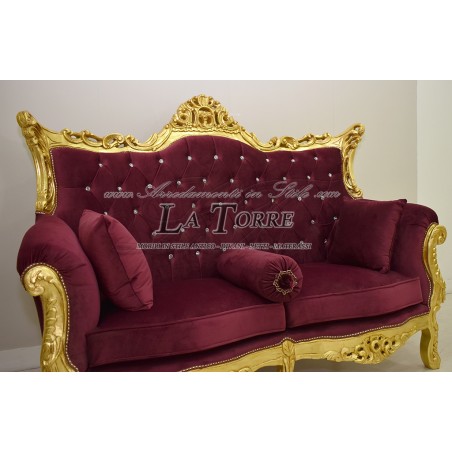 Barockes Empire-Sofa-Sessel aus goldfarbenem Holz und burgunderrotem Samt mit Swarovski-Elementen AL0031