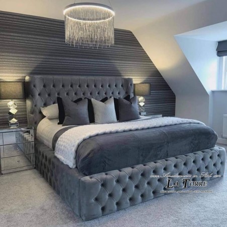 King size double bed with storage, modern velvet or eco-leather, any color, Grey