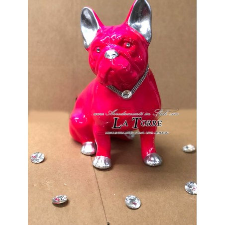 Animali in ceramica statua scultura cucciolo cane bulldog francese fucsia argento swarovski H30 PR09