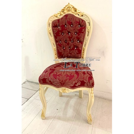 Armchair Louis XV Style Chair Ivory wood and gold Swarovski red damask fabric AL1826
