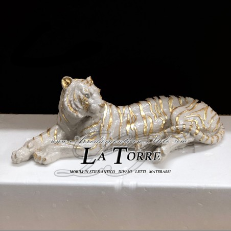 Keramik-Tierstatue, Skulptur, liegender malaysischer Tiger, Elfenbein und Gold, Swarovski PR04