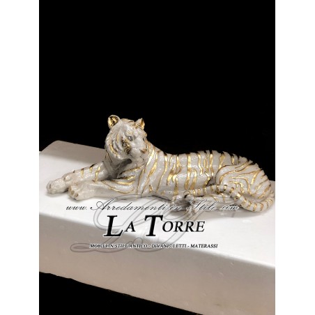 Keramik-Tierstatue, Skulptur, liegender malaysischer Tiger, Elfenbein und Gold, Swarovski PR04