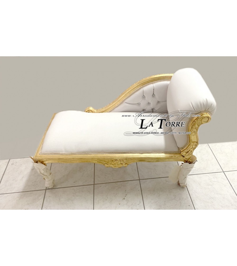 Dormeuse panca romana divano panchetta legno foglia oro ecopelle bianca swarovski K85