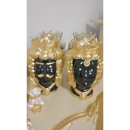 Statua scultura teste di Moro nera e oro con Swarovski h 35 cm bomboniere in ceramica Caltagirone PR53