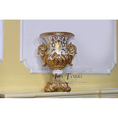 Amphorenbecher, Keramik-Mittelstück, 60 cm hoch, elfenbeinfarbene Vase, Kraterform, großes Goldornament Vi15