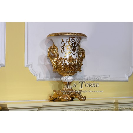 Amphorenbecher, Keramik-Mittelstück, 60 cm hoch, elfenbeinfarbene Vase, Kraterform, großes Goldornament Vi15