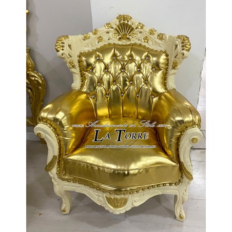Chair Armchair Germany Throne Baroque ivory gold faux leather swarovski AL4227