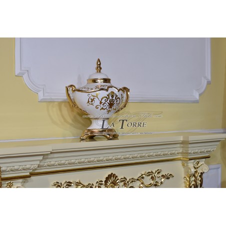 Ceramic potiche box for sugared almonds centerpiece ivory gold leaf ornament Vi18