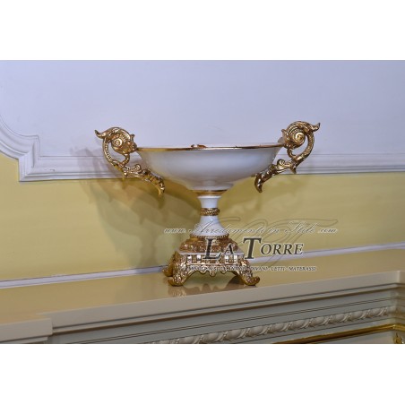 Elfenbein- und goldfarbene Keramik-Tortenplatte Vi20 Ornament