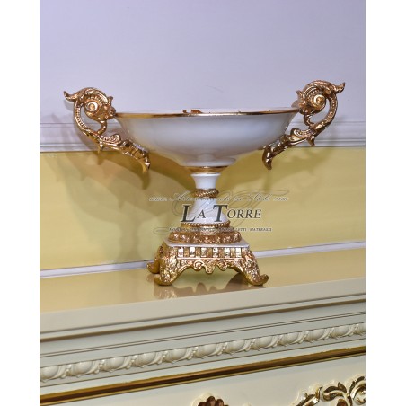 Elfenbein- und goldfarbene Keramik-Tortenplatte Vi20 Ornament
