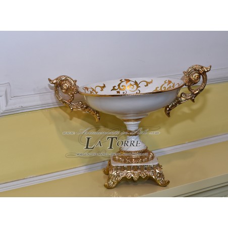 Elfenbein- und goldfarbene Keramik-Tortenplatte Vi20 Ornament