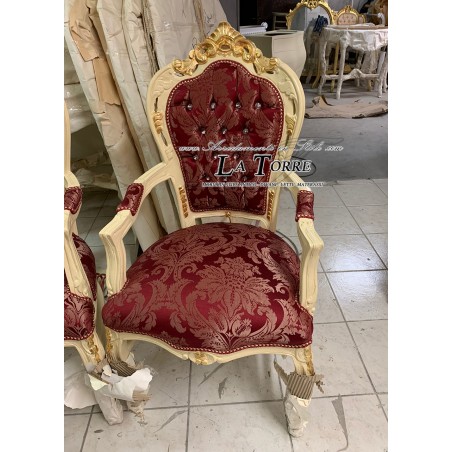 Still Louis XV Barock-Empire-Sessel, elfenbeinfarben, bordeauxroter Damaststoff, AL2729