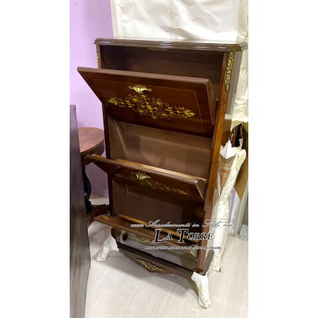 Schuhschrank mit Klappdeckel im Stil Louis XV aus eingelegtem Nussbaummaserholz k211