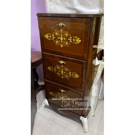 Schuhschrank mit Klappdeckel im Stil Louis XV aus eingelegtem Nussbaummaserholz k211
