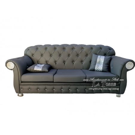3-Sitzer-Schlafsofa mit Chesterfield-Matratze und -Untergestell, modernes Öko-Leder oder Samt, jede Farbe, Swarovski AZ03