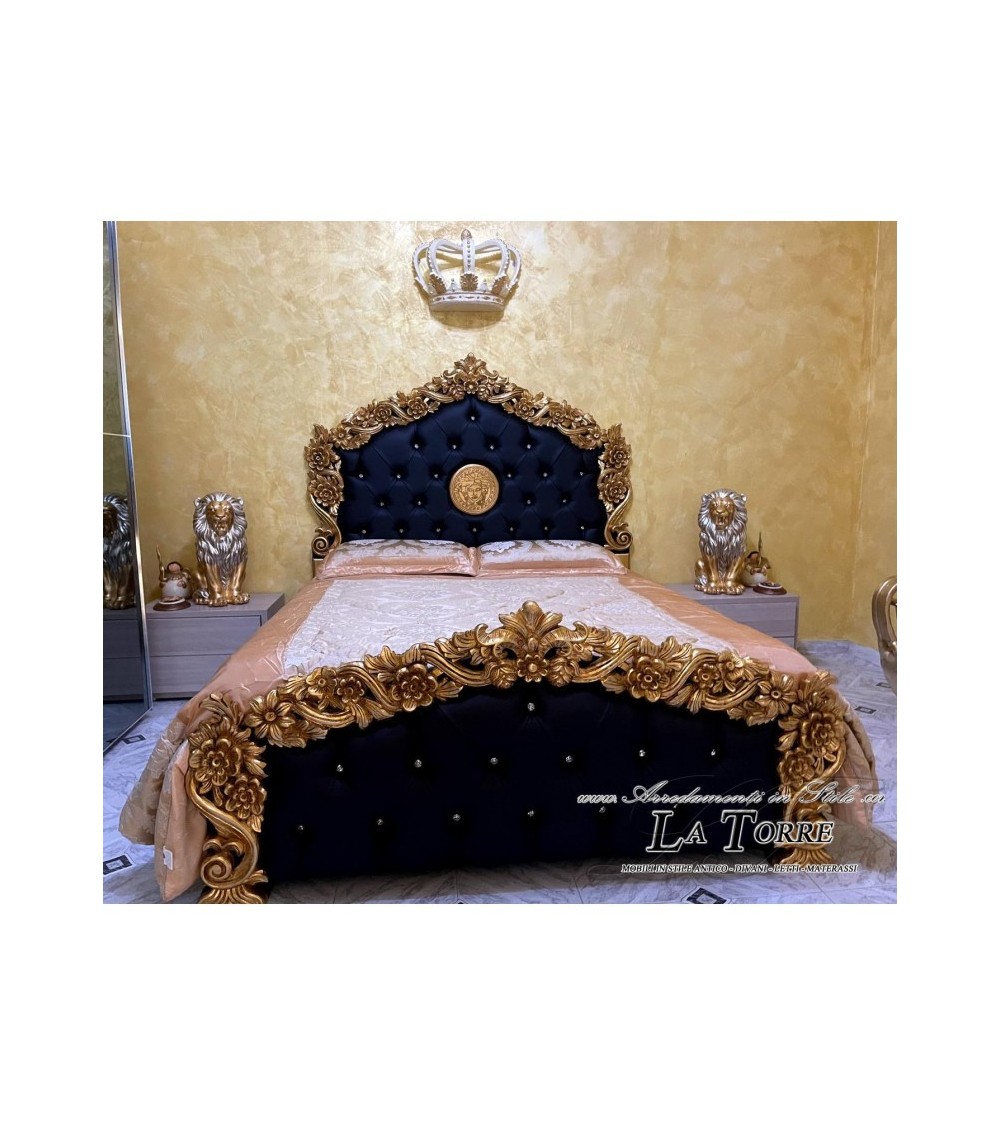 Double bed king size container eco-leather Baroque wood gold silver PILISSENA
