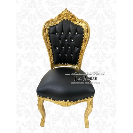Poltrona Sedia Still Luigi XV Barocco Legno Oro ecopelle nero swarovski AL1826