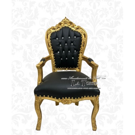 Still Louis XV Baroque Empire Gold Leaf Black Faux Leather Armchair AL2729