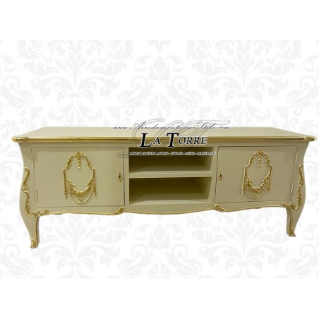 Niedriger TV-Ständer im Barockstil, Sideboard in Elfenbein und Gold, B 160 cm, K 128