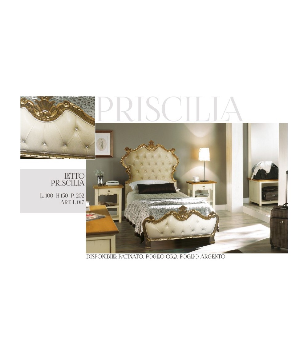 Letto singolo Priscilla Barocco cameretta legno oro argento velluto o ecopelle