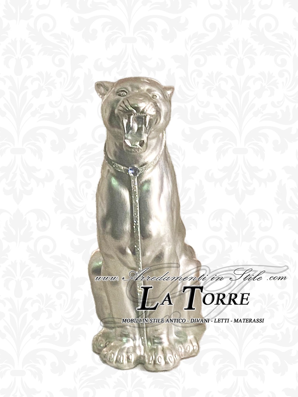 Ceramic Animals Statue Sculpture Panther Jaguar Leopard Puma Silver Leaf-