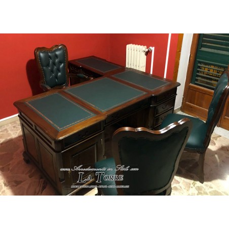 Corner desk Ministerial Presidential Double-sided Walnut Faux Leather Green 150 Na12