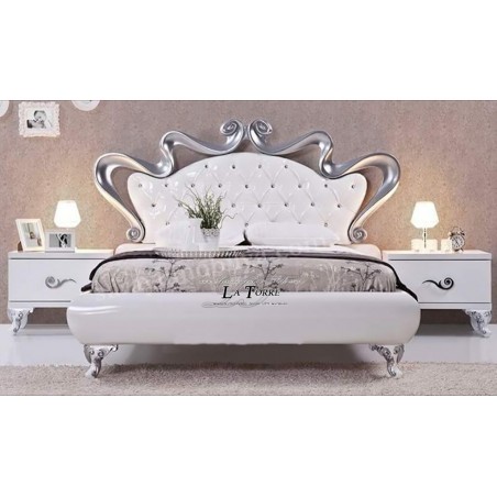 Barockes Doppelbett mit Stauraum, Samt oder Kunstleder, weiß, silbernes Gestell, Mary