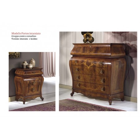 Dreiteiliges Schlafzimmer-Set, Nachttisch, Kommode, klassisch, intarsiert, poliertes Walnussholz