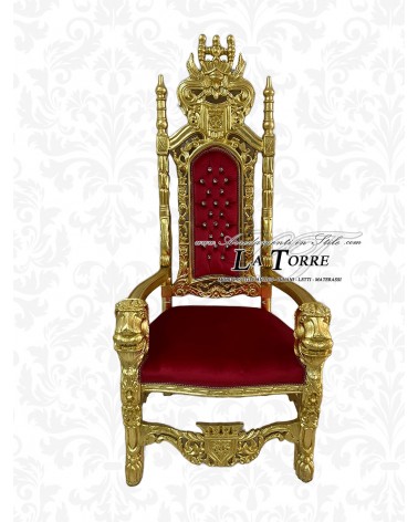 Trono da re con leoni in stile barocco poltrona alta reale foglia oro velluto rosso AL10