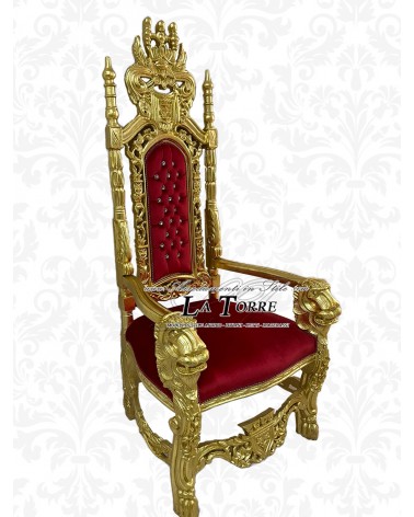 Trono da re con leoni in stile barocco poltrona alta reale foglia oro velluto rosso AL10