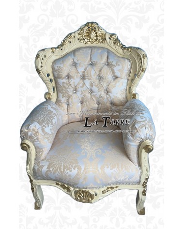 Barocker Thronsessel aus Deutschland, elfenbeinfarben mit Blattgoldverzierungen und Lilien-Damaststoff AL4227