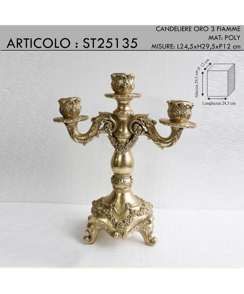 Candeliere stile barocco 2 pz oro 3 fiamme candelabro portacandele H 29,5  cm ST25135