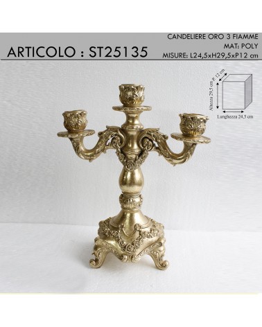 Barocker Kerzenständer, 2-teilig, goldfarben, 3-flammig, Kerzenhalter, Höhe 29,5 cm, ST25135