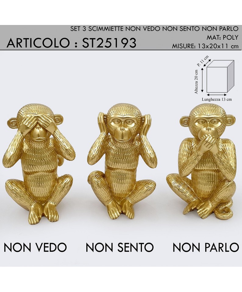 Statua scultura soprammobile tre scimmie scimmiette Non vedo Non sento Non  parlo oro H 20 cm ST25193