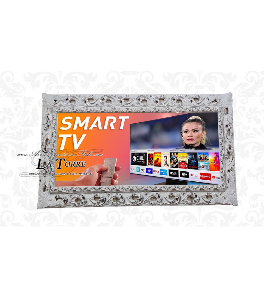 Cornice per Smart Tv a muro traforata Barocca Televisore da parete legno Pino bianco e argento TVGGBA