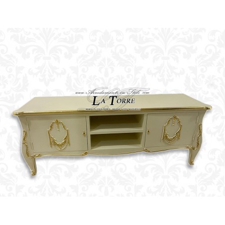 Niedriger TV-Ständer im Barockstil, Sideboard in Elfenbein und Gold, B 200 cm, K130