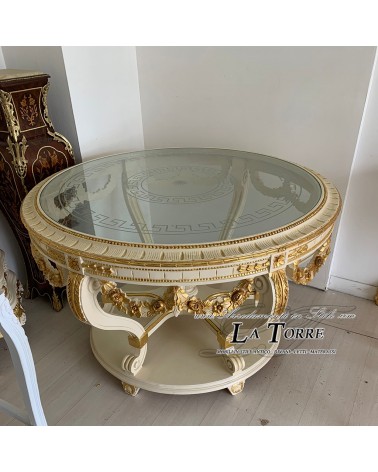 Runder Esstisch, Durchmesser 145 cm, Barock, Elfenbein und Gold, Louis XV Barock LT3002