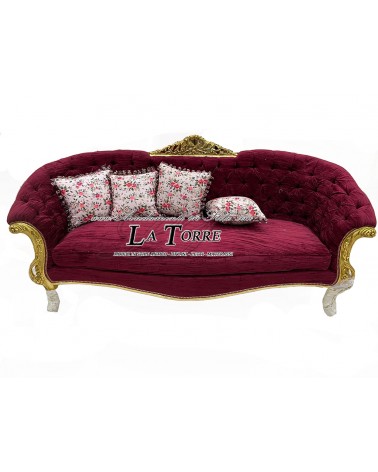 3-Sitzer Empire-Barock-Sofa-Sessel aus goldfarbenem Holz und burgunderrotem Samt LT3004
