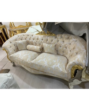 3-Sitzer Empire-Barock-Sofa-Sessel aus goldfarbenem Holz, Damaststoff mit Swarovski LT3004