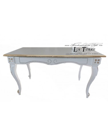 Rectangular extendable white and gold baroque dining table with wooden top AZ11