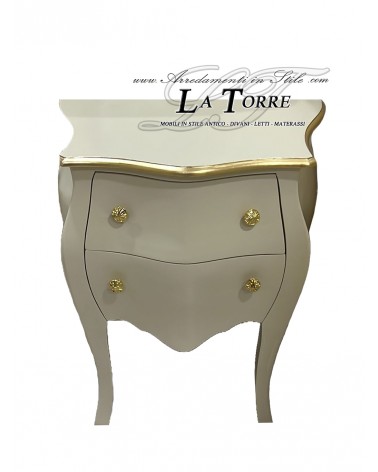 Comodino bombato classico 2 cassetti portatelefono legno Avorio e oro LT3006