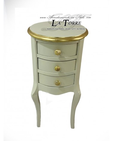 Comodino tondo classico 3 cassetti portatelefono legno Avorio e oro LT3007