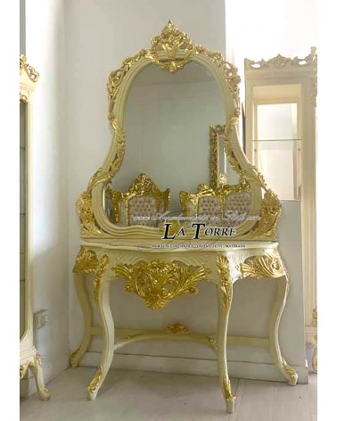 Konsolentisch mit Spiegel, Louis XV Barock, Elfenbein, Blattgoldmarmor, LT3012