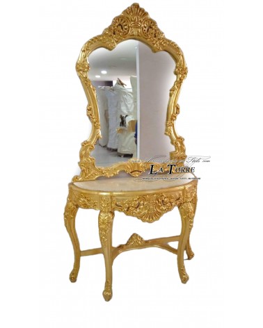 Consolle con specchiera Luigi XV barocco in legno entratina foglia oro marmo avorio LT3009