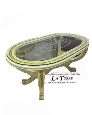 Barocker ovaler Esstisch Louis XV, 160 cm, in Elfenbein und Gold, LT3013