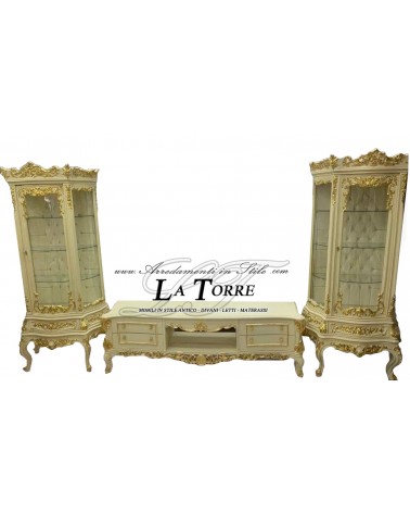 Vitrinenwandschrank im Stil des Barock Louis XV, TV-Ständer, elfenbeinfarben und goldfarben, AL3017