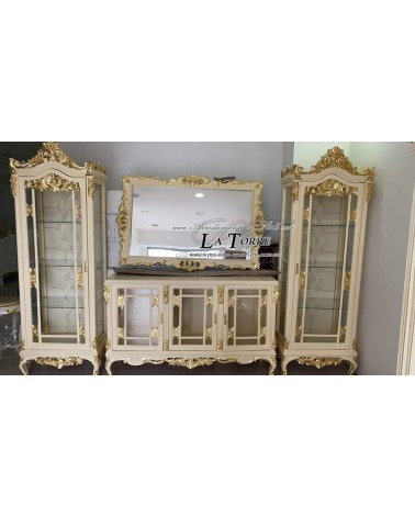 Mobiler Vitrinenschrank mit Spiegel im Stil Louis XV, barocker Fernsehständer, Elfenbein und Gold AL3016