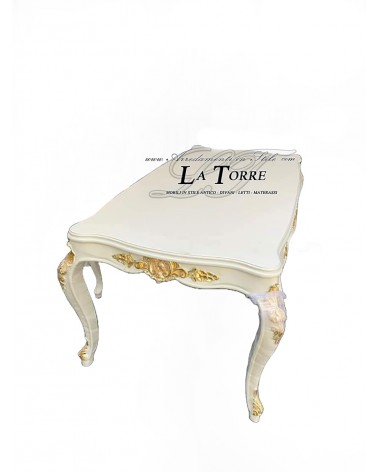 Rechteckiger Esstisch im Stil Louis XV, elfenbeinfarben und goldfarben, Barockstil, LT3015